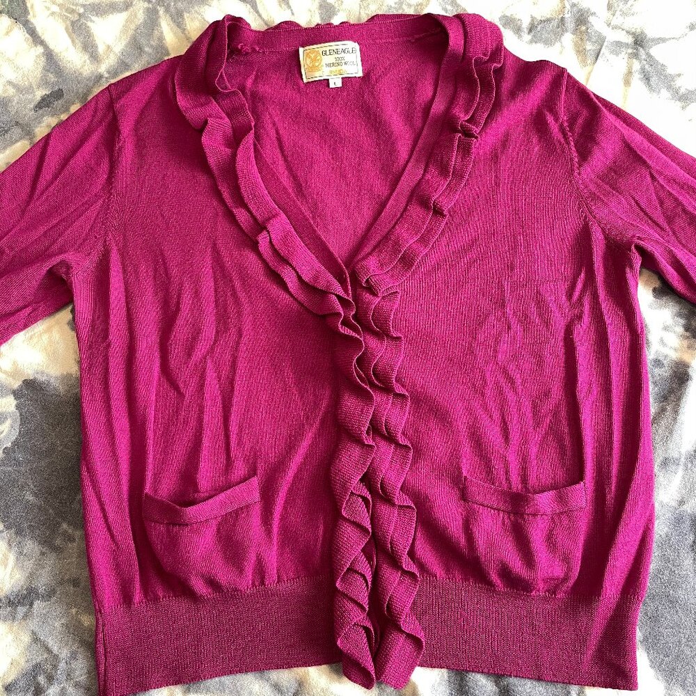 Gleneagle Merino Wool v-neck ruffle trim button down fitted cardigan magenta col